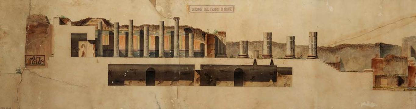 VII.8.1 Pompeii. Painting c.1843 by Pasquale Maria Veneri of a section of the Temple of Jupiter also showing only known representation of the lararium painting.
Now in Naples Archaeological Museum. Inventory number ADS1210.
Photo  ICCD. https://www.catalogo.beniculturali.it
Utilizzabili alle condizioni della licenza Attribuzione - Non commerciale - Condividi allo stesso modo 2.5 Italia (CC BY-NC-SA 2.5 IT)
