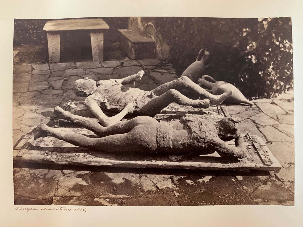 Victims numbered 9 and 10, on display. From an Album by M. Amodio, c.1880, entitled “Pompei, destroyed on 23 November 79, discovered in 1748”.
These fugitives were found in the middle of the Via del Vesuvio (Via Stabiana) at about a height of four metres from the ancient street level, near the north-eastern corner of Reg. VI.14. Photo courtesy of Rick Bauer.

