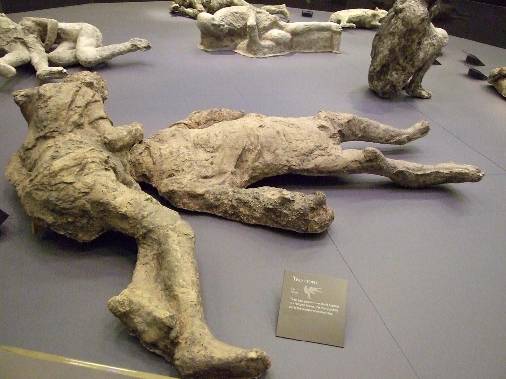 I.22.1 Pompeii, victim 71 (left), an adult woman over 20 years of age, with her hand over the head of victim 72, an adult man over 20 years of age. 
Photographed at “A Day in Pompeii” exhibition at Melbourne Museum. September 2009.
The victim reaching out (71) is now said to be an adult woman over 20 years of age and the other victim an adult male over 20 years of age.
Victim 71 has a clearly visible imprint of clothing, probably a tunic with short sleeves, gathered on the hips and abdomen; on the back, chest, right shoulder and right leg the drapery of the fabric is evident.
See Osanna, N., Capurso, A., e Masseroli, S. M., 2021. I Calchi di Pompei da Giuseppe Fiorelli ad oggi: Studi e Ricerche del PAP 46, p. 484-6, Calco n. 71.
Victim 72 is an adult man over 20 years of age, lying in a supine position, with his head covered by the arm of victim 71.
The imprint of the clothes, a tunic and a cloak, is clearly visible on the chest, stomach and left arm.
See Osanna, N., Capurso, A., e Masseroli, S. M., 2021. I Calchi di Pompei da Giuseppe Fiorelli ad oggi: Studi e Ricerche del PAP 46, p. 487-9, Calco n. 72.
