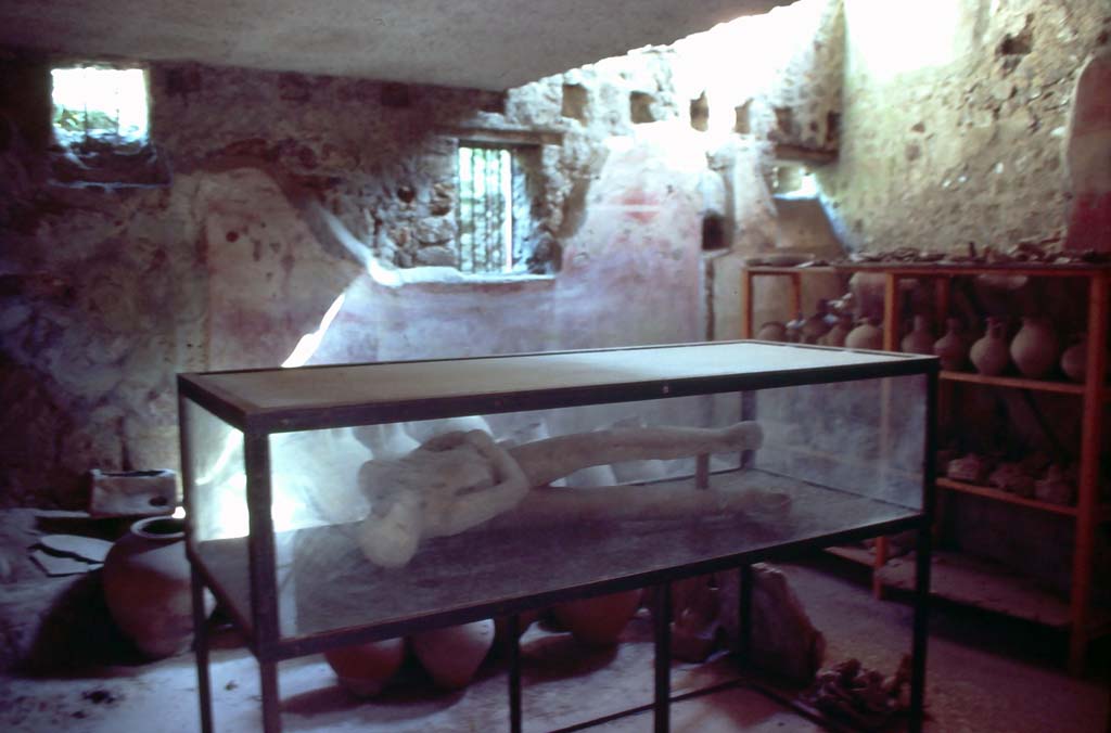 Villa dei Misteri, Pompeii. October 1981. Victim 26 body cast in room 32.
Photo courtesy of Rick Bauer, from Dr George Fay’s slides collection.



