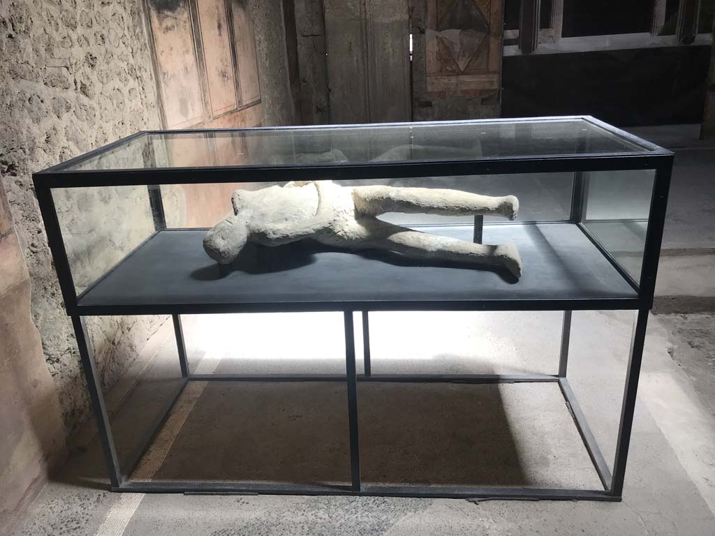 Villa of Mysteries, Pompeii. April 2019. Victim 26. Body-cast from room 32, now on display in atrium. Photo courtesy of Rick Bauer.
The body of an adolescent with slender legs, gripped in the spasm of suffocation, their chest stretched out and lifted by the last gasp of breathing. 

