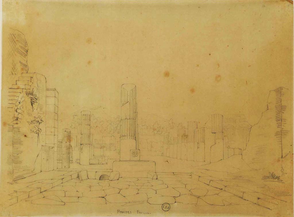 Via delle Scuole, Pompeii. Sketch, looking north towards fountain and Forum, from north end of Via delle Scuole.
See Lesueur, Jean-Baptiste Ciceron. Voyage en Italie de Jean-Baptiste Ciceron Lesueur (1794-1883), pl. 74.
See Book on INHA reference INHA NUM PC 15469 (04)   Licence Ouverte / Open Licence  Etalab
