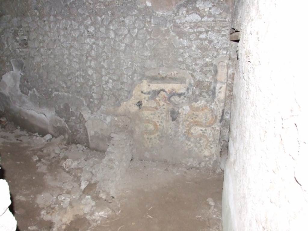 VII.6.3 Pompeii. December 2007. East end of north wall in kitchen g. Remains of Lararium wall painting, with ruins of masonry structure on its west side. According to Spano there were three low walls at right angles to the north wall. See Notizie degli Scavi di Antichità, 1910, p. 444.