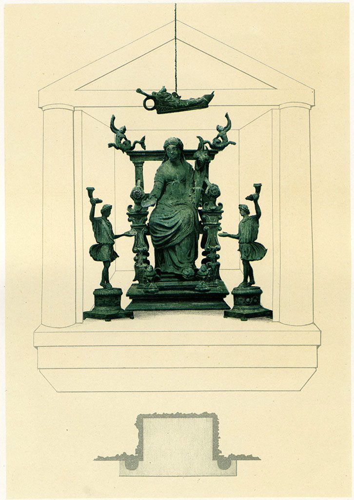 IX.7.20 Pompeii. 
Bronze lamp in the shape of a foot, and three bronze statuettes found in the rectangular niche in atrium.
See Niccolini F, 1890. Le case ed i monumenti di Pompei: Volume Terzo. Napoli, Isola VII Regione IX, Tav. III. 
