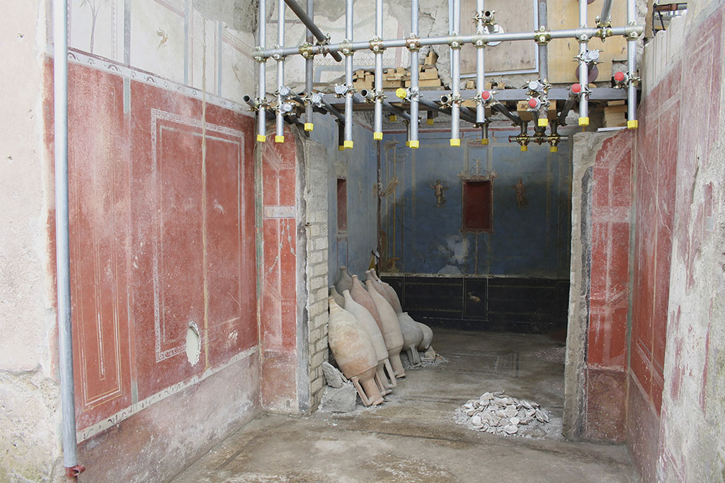 IX.10 Pompeii. House on west side of insula, south of IX.10.1. June 2024. Sacrarium room 32 (rear) with blue decoration, with ante-room 31 in red.
The excavations underway in Insula 10 of Regio IX in Pompeii have recently uncovered a room that can be interpreted as a shrine, with walls on a blue background, attributable to the Fourth Style and decorated with female figures representing the seasons, as well as two allegories, respectively of agriculture and pastoralism (fig. 1).
According to Ferdinando De Simone's analysis (De Simone 2017), by the time the shrine of Regio IX, 10 was decorated with the ancient divinities of the seasons and rural life, the surrounding area was already densely occupied by villas specialised in the production of wine, which was exported throughout the Mediterranean.
Download PAP 15-E-Journal-Sacrario-Regio-IX.pdf, Fig. 1., p. 3.
Photograph © Parco Archeologico di Pompei.

