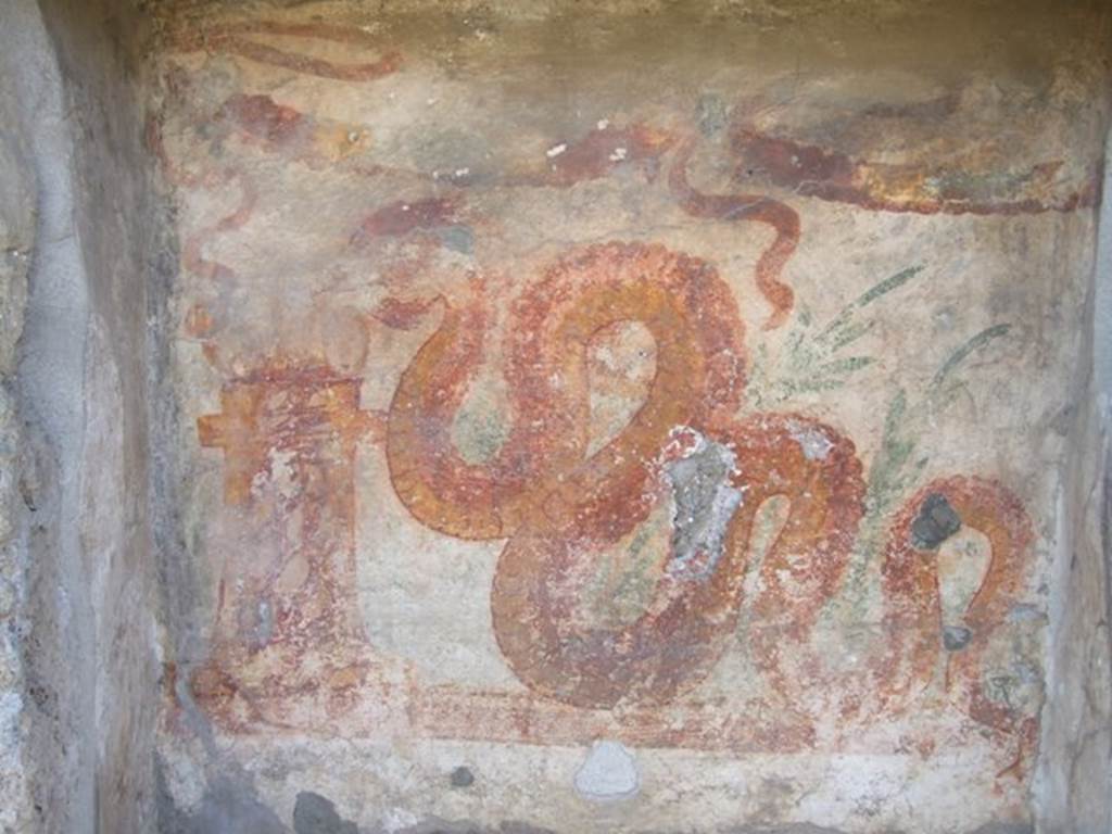 V.3.7 Pompeii. March 2009. West wall of garden area. Lararium upper zone. This has a painting of a serpent advancing left to a round altar which is painted in a variegated marble style. In the background are plants and a double garland is across the top. See Boyce G. K., 1937. Corpus of the Lararia of Pompeii. Rome: MAAR 14.  (112, p. 38, Pl 36, 2).