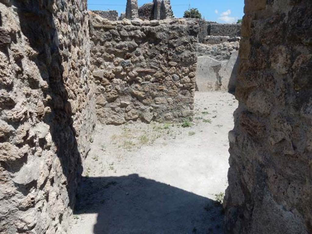 VII.1.25 Pompeii. May 2017. Looking east through second doorway into room 26 in south-east corner of atrium. 
Photo courtesy of Buzz Ferebee.
According to Niccolini – 
Only in the narrow passageway that leads from the atrium into room 5 (our 26), and forming almost one room with it, we see on the walls that make the corner, badly painted, the two usual serpents so often repeated in Pompeii with their heads in the corner, converging near a painted plant. 
In the opinion of Sig. Minervini, the domestic worship was performed here, because noticed below the serpents was a recess designed to be where it was easy to place the offerings; and some eggshells that the learned archaeologist asserts to have seen, mixed with the earth in such a recess, made him think those offerings were not there by accident.
(“Solo nell’angusto passagio che dall’atrio mena nella stanza no.5, e che con questa quasi una sola ne forma, veggonsi ne’muri che fanno angolo malamente dipinti i due soliti serpenti cosi spesso ripetuti in Pompei con le teste negli angoli convergenti presso una pianta. Il signor Minervina opina che quivi forse attuato si fosse il domestico culto, perocche si scorge al di sotto de’serpenti un incavo che sorregger poteva una tavola ove era facile poggiare le offerte;  e taluni gusci di uova che il dotto archeologo asserisce aver veduti frammisti alla terra in tale incavo, quando disotterravasi questa localita, lo inducono a pensare che, se non per fatto accidentale, a quelle offerte quei gusci poteano forse aver relazione.”) 
See Niccolini F, 1854. Le case ed i monumenti di Pompei: Volume Primo. Napoli, Strada Stabiana, Casa numero 57, p.2.