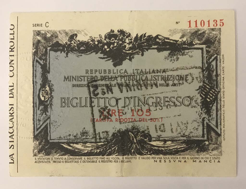 T.17. Pompeii Entrance ticket, “series C”, dated 12th September 1962. Entry fee was 105 Lire. 
Photo courtesy of Rick Bauer.
