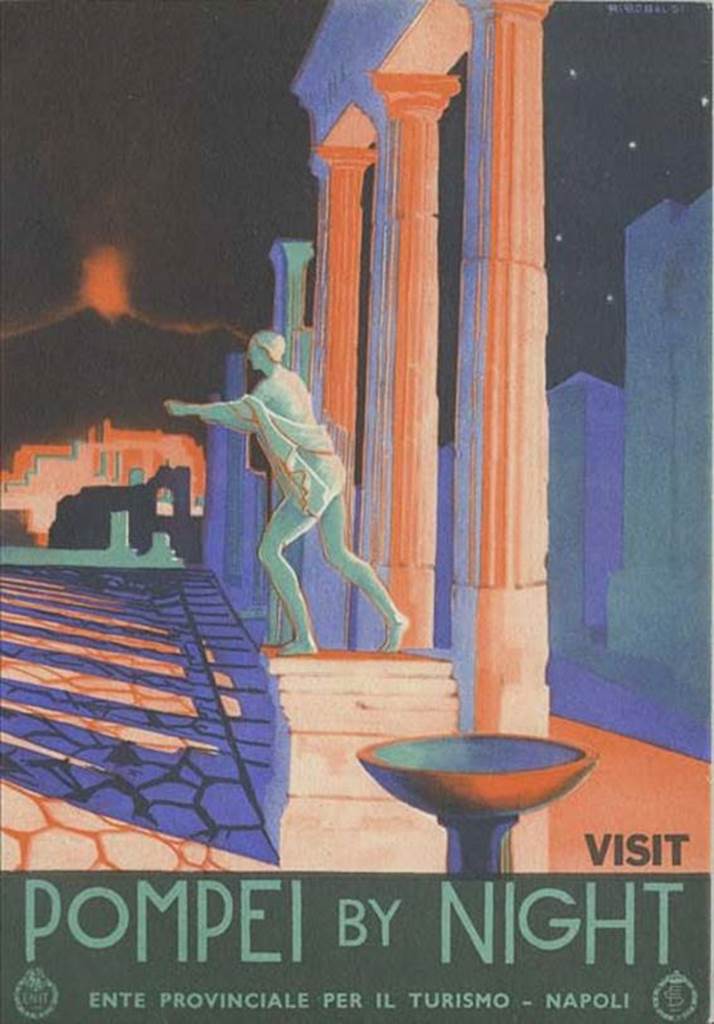 T.13. VII.7.32 Pompeii. 1939 Tourism postcard entitled “Pompei by night”. Looking north along the east side. Photo courtesy of Rick Bauer.