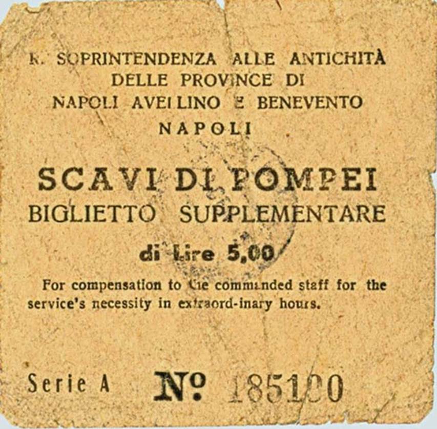 T.16. Pompeii supplementary ticket dated 1944. Entry fee was 5 Lire. Photo courtesy of Rick Bauer.