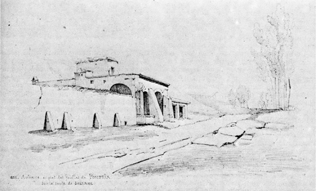 Pre 1889 photo by Roberto Rive (or Giorgio Sommer?), L' Entrata di Pompei, no. 494.
According to Zanella, this shows the entrance to the Pompeii site from the station. Opposite, the Diomede Hotel, taverna del Lapillo. 
On the left, the piles of rubble accumulated since the beginning of the excavation outside the urban perimeter on land that belonged to the Irace family and R. Minervini.
Comparing a drawing by Callet (fig. 27)  dated 1822 and a photograph by the Alinari brothers dated the hotel seems to retain the old configuration of the taverna del Lapillo. In particular, the three front arcades visible the Callet drawing have been preserved from the old tavern. On the other hand, transformations seem to have taken place on the western part of the building where, instead of the open space that can be seen on the older plans, three doors have been pierced in the blind wall visible in the drawing, confirming the widening of the structure shown in later plans. To the east, already at the time of Callet, a barn leans against the factory building. Another building, visible in the photograph of the Alinari brothers, was added later.
See Zanella S., 2019. La caccia fu buona: Pour une histoire des fouilles à Pompéi de Titus à l’Europe. Naples : Centre Jean Bérard, p. 60, fig. 27 and 28.

