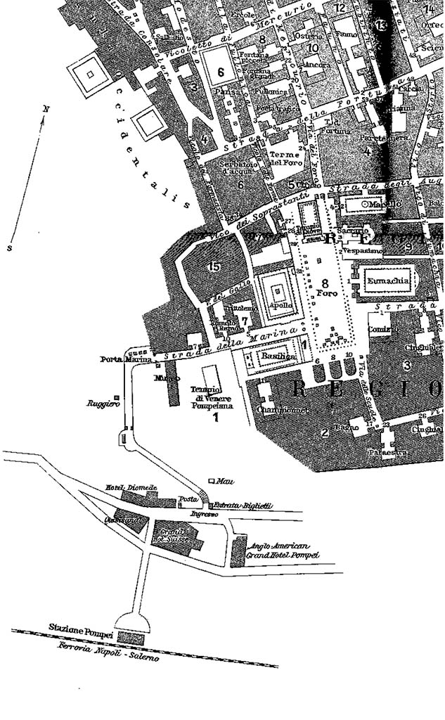 H.7. 1929 map of Pompeii by Engelmann showing railway station on the Naples to Salerno line.
From the station the road led to the Grand Hotel Suisse, Hotel Quisisana and the Hotel Diomede.
A right turn took you past the post office to the entrance ticket office at the [now] Piazza Porta Marina Inferiore.
Up the steps took you past the statues of Mau and Ruggiero (now in the Lararia dei Pompeianisti next to the antiquarium).
The site was entered via the Porta Marina.
Photo courtesy of Rick Bauer.
