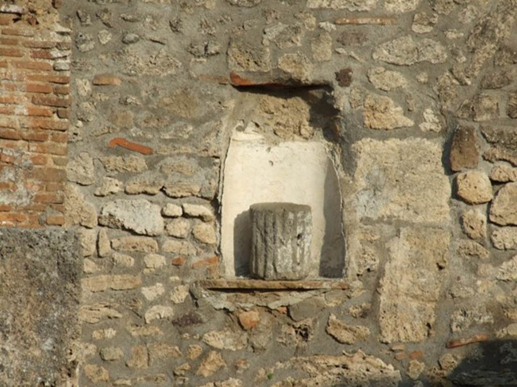 I.4.9 Pompeii. December 2007. Niche on east wall. Boyce said, in the centre of the east wall of the Viridarium is an arched niche, which Fiorelli called la nicchia de Penati.
See Boyce G. K., 1937. Corpus of the Lararia of Pompeii. Rome: MAAR 14. (p. 24). 
