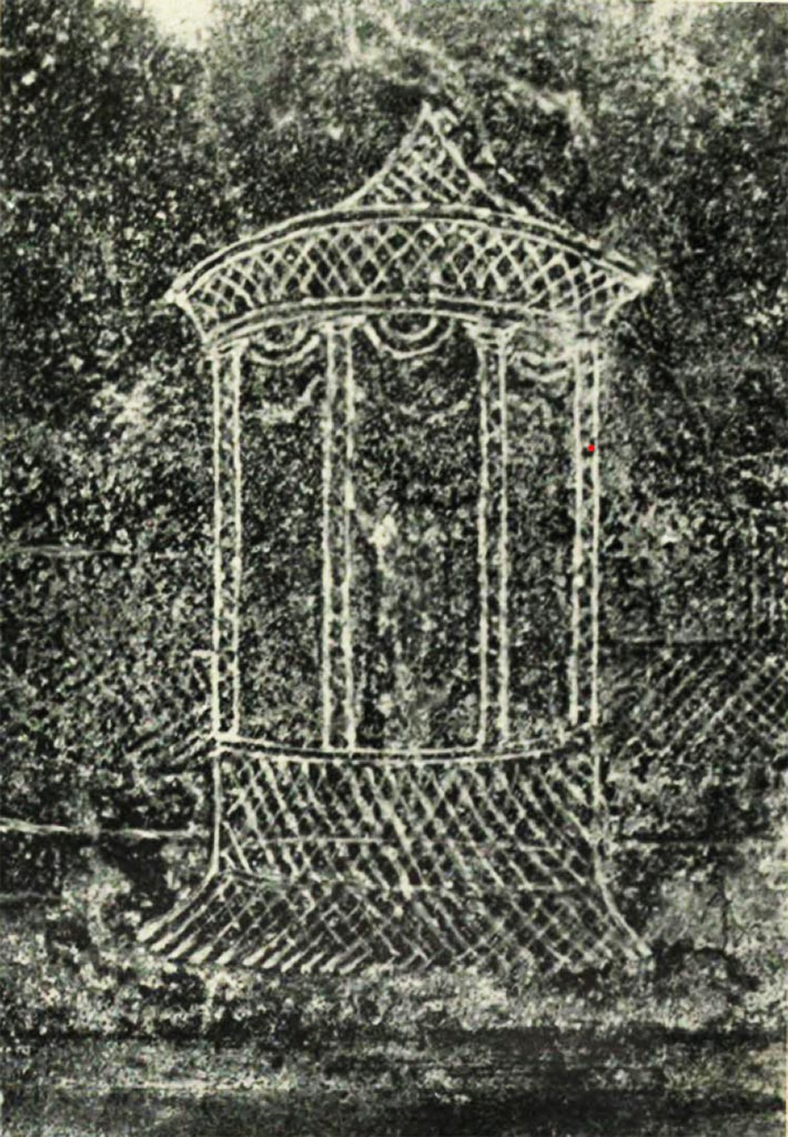 I.4.25 Pompeii. c.1930. 
Room 19, painting of aviary structure from east end of south wall of great triclinium of I.4.25. 
According to Van Buren - 
“the proportions of the whole, and the curving lines at the top, are copied from a painting in yellow on black, showing a structure similar in design [to VII.7.16 aviary] though presumably differing in function, in I.iv.25, on the wall to the right as one enters the great triclinium which opens at the north-east corner of the peristyle.”
See Van Buren, A. W. 1932. Further Pompeian Studies in Memoirs of American Academy in Rome, vol.10, 1932, Pl.1,2. (p.10-13 below).
See Carratelli, G. P., 1990-2003. Pompei: Pitture e Mosaici: Vol. I.  Roma: Istituto della enciclopedia italiana. (p.148, no.53).

