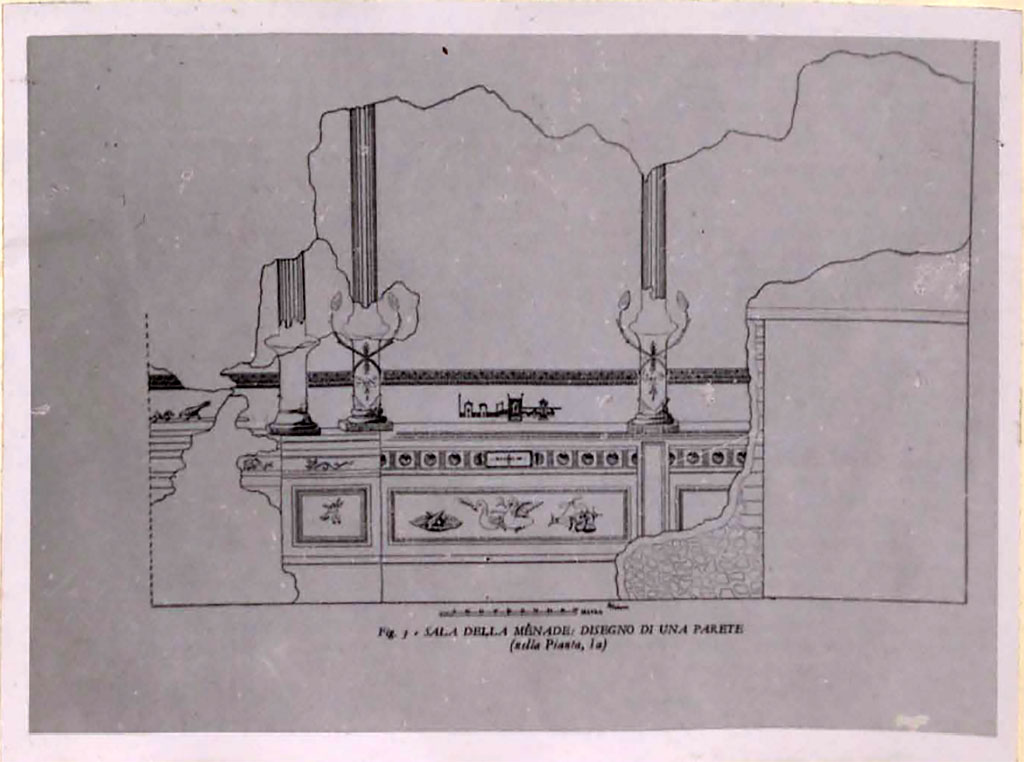 I.4.5 Pompeii. Pre-1943. 
According to Warscher, this shows the decoration of the south wall in the centre of which was the painting of the sleeping Maenad, see the description given by Olga Elia, p.4/5.
(La decorazione della parete sud nel centro della quale era la pittura “Menade dormente”, vedi la descrizione detta lista di Olga Elia, p.4/5.)
See Warscher, T. 1942. Catalogo illustrato degli affreschi del Museo Nazionale di Napoli. Sala LXXXII. Vol.4. Rome, Swedish Institute.
