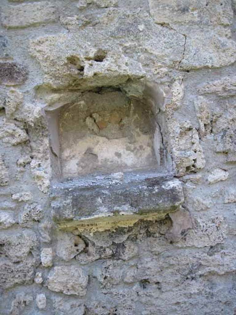 I.5.3 Pompeii. September 2010. Niche in west wall of large open area.
Photo courtesy of Drew Baker. Boyce reported that there was an arched niche in the west wall with projecting floor. See Boyce G. K., 1937. Corpus of the Lararia of Pompeii. Rome: MAAR 14. (p.25) 
