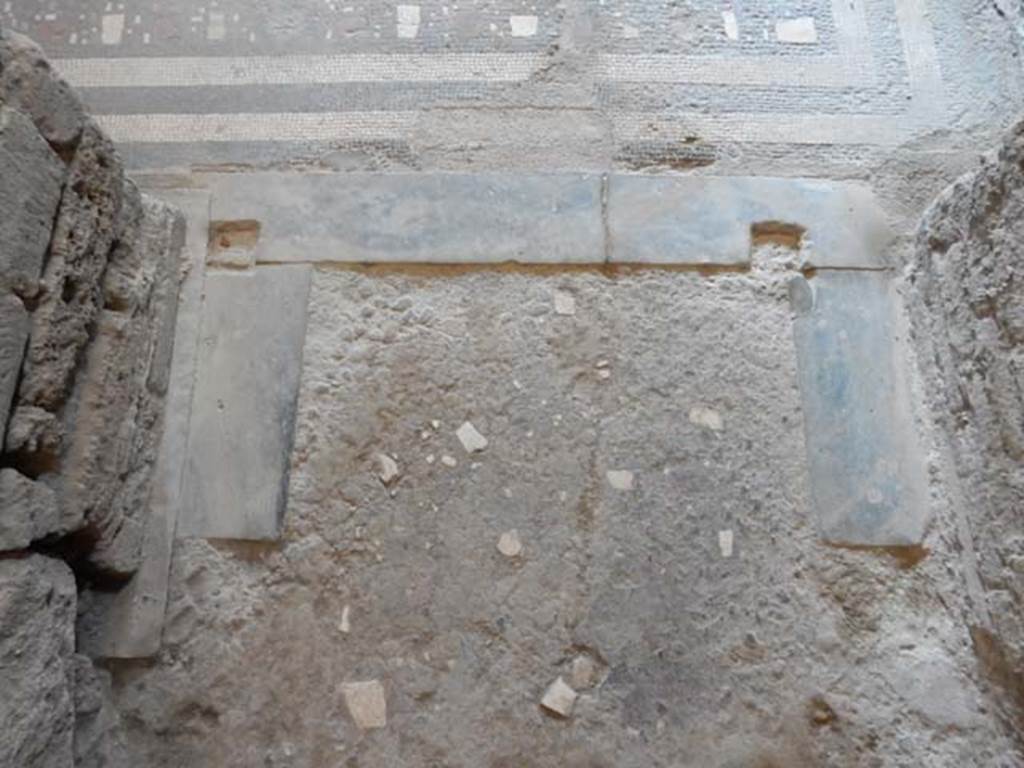 I.6.2 Pompeii. May 2016. Detail of floor of doorway between oecus/triclinium and east wing. Photo courtesy of Buzz Ferebee.
