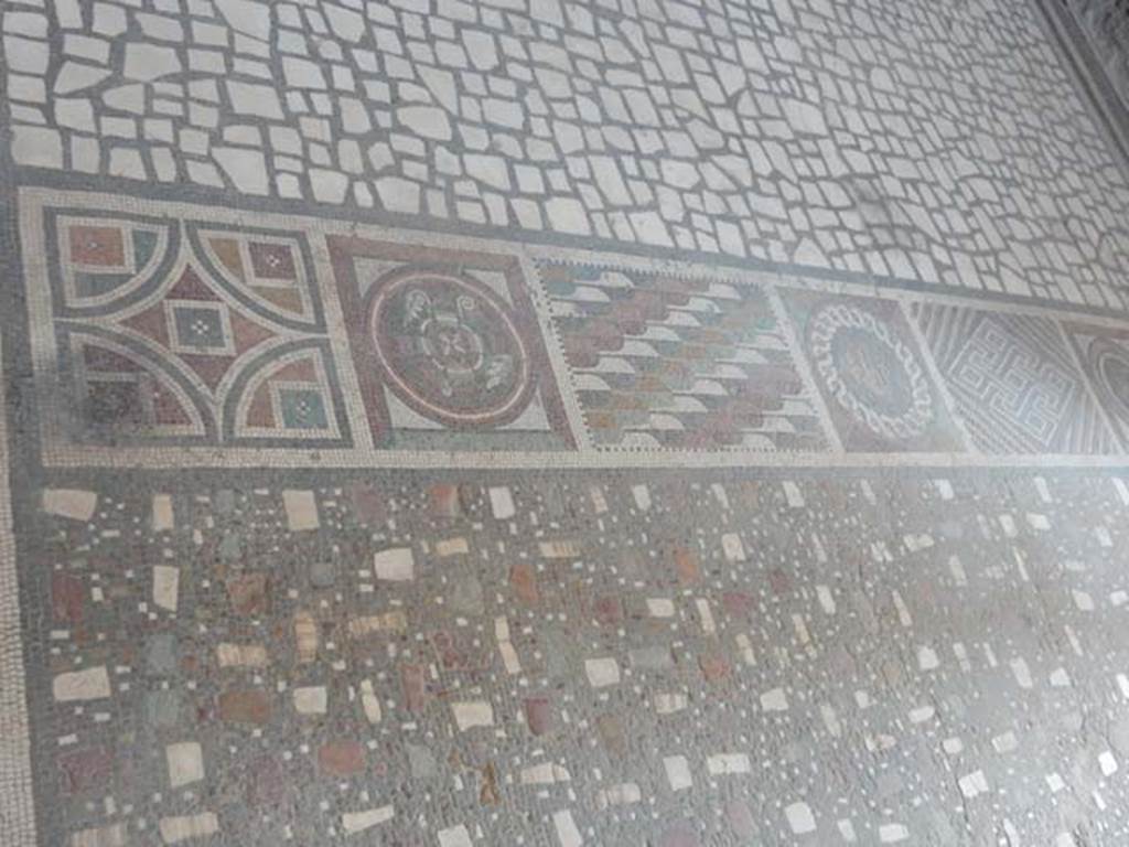 I.6.2 Pompeii. May 2016. Detail of north end of mosaic threshold or sill between antecamera and oecus/triclinium in south-east corner of the east wing. Photo courtesy of Buzz Ferebee.
