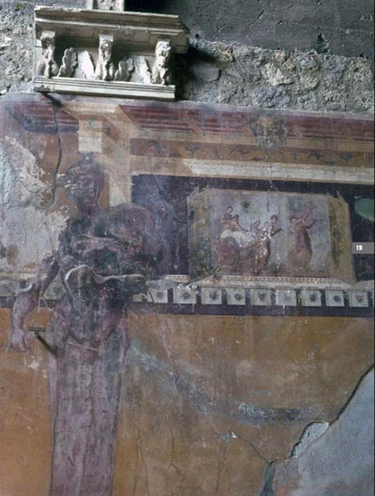 I.6.2 Pompeii. 1968. Painted decoration from north wall of oecus/triclinium. Photo courtesy of Alix Barbet.