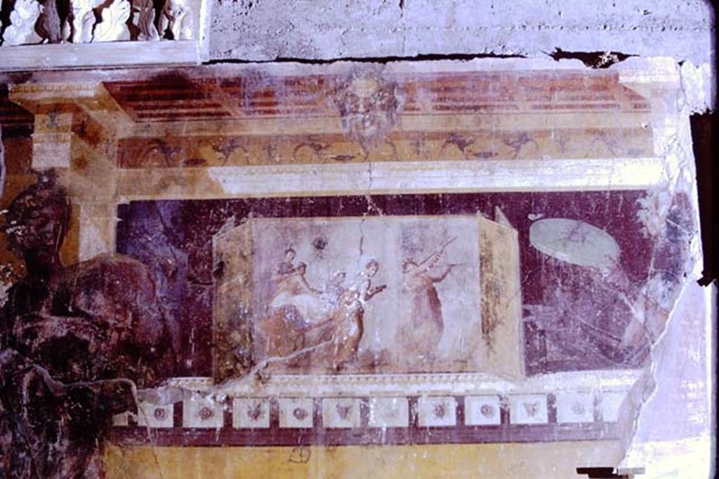 I.6.2 Pompeii, 1968.  Painted decoration from north wall of oecus.  Photo by Stanley A. Jashemski.
Source: The Wilhelmina and Stanley A. Jashemski archive in the University of Maryland Library, Special Collections (See collection page) and made available under the Creative Commons Attribution-Non Commercial License v.4. See Licence and use details.
J68f0542
