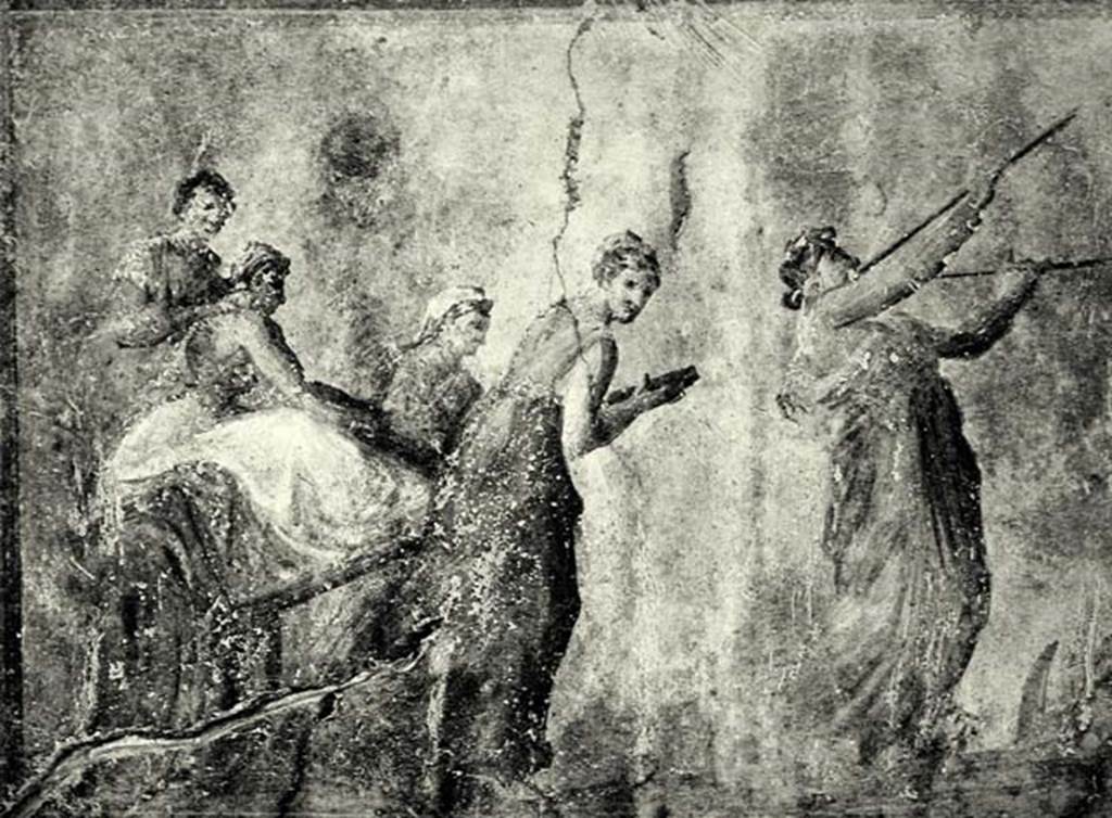 I.6.2 Pompeii. North wall of oecus or triclinium. Wall painting of Ariadne being carried in a cart, perhaps for her marriage, led by a female figure playing the double flute.  Photo courtesy of Davide Peluso.
