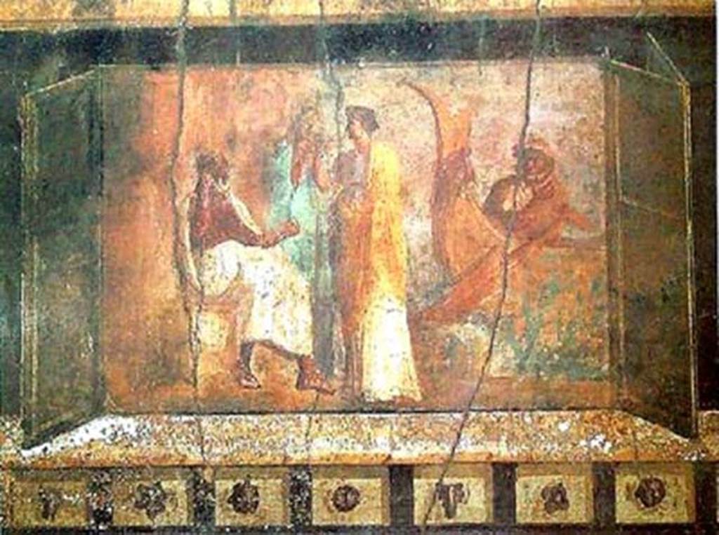 I.6.2 Pompeii. Detail of pinax on south wall of oecus/triclinium in south-east corner.
The farewell of Alcestis, as she goes to take Charon’s ferry to the underworld. 
SAP inventory number 59469b.
