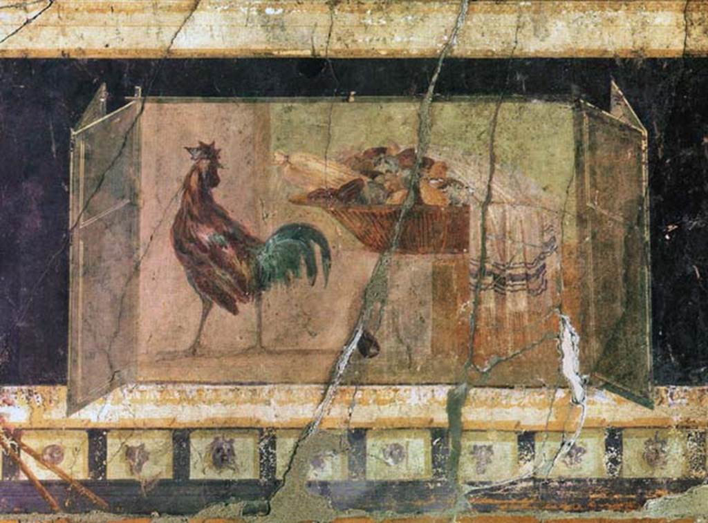 I.6.2 Pompeii. West end of south wall of oecus, wall painting of still-life with cock, basket of fruit and a towel. Photo courtesy of Davide Peluso.

