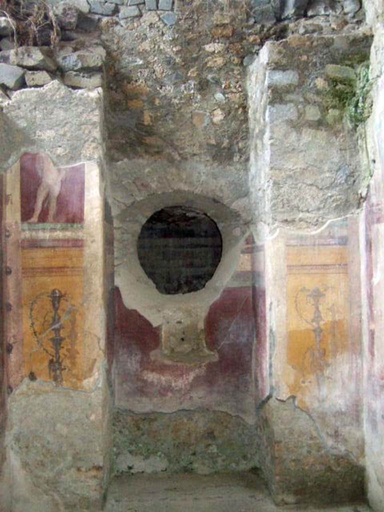 I.6.2 Pompeii. May 2006. West wall of frigidarium. Niche in west wall with paintings of candelabra and cupid. At the rear through the hole, the west wall of the east wing of the cryptoporticus can be seen.
