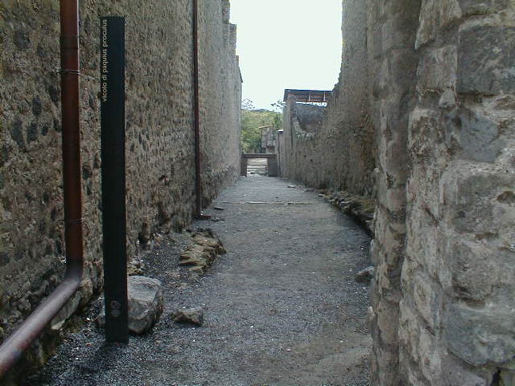 I.7.1 Pompeii, on left. Vicolo di Paquius Proculus looking south. Side wall of I.6.2, on right.