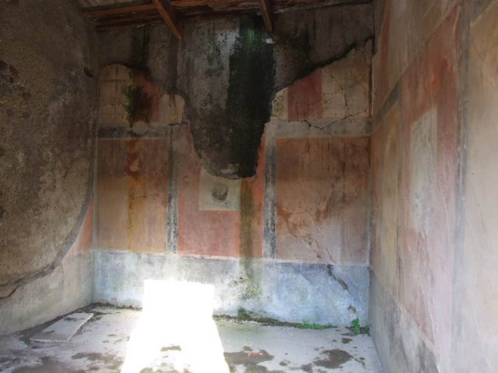 I.7.19 Pompeii. December 2006. Looking towards the east wall of the triclinium in the north-east corner of atrium. The zoccolo in this room was black. The central panel of this wall was red with a central painting, now faded. The frieze was black, and the side panels were yellow and showed paintings of birds pecking among the plants. The upper zone was white with two side aediculae, which had been destroyed by the passage of the ancient tunnelers.
