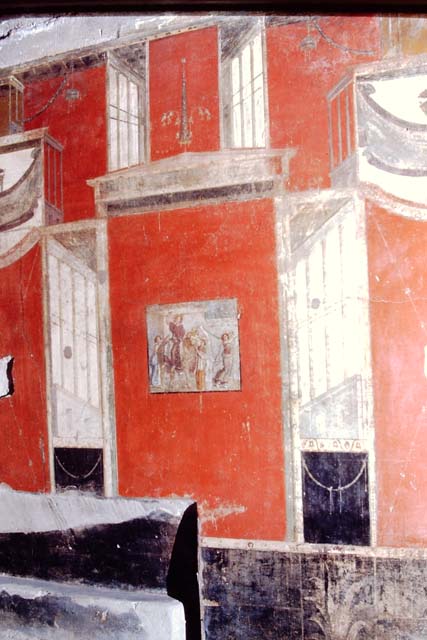 I.8.9 Pompeii, 1968.  Room 7, black zoccolo of east wall of triclinium with painted plant. 
Photo by Stanley A. Jashemski.
Source: The Wilhelmina and Stanley A. Jashemski archive in the University of Maryland Library, Special Collections (See collection page) and made available under the Creative Commons Attribution-Non Commercial License v.4. See Licence and use details.
J68f0607
