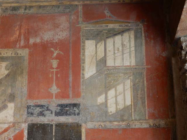 I.8.9 Pompeii.  March 2009. Room 7. Triclinium.  East wall.  Upper level.  Architectural painting at south end.