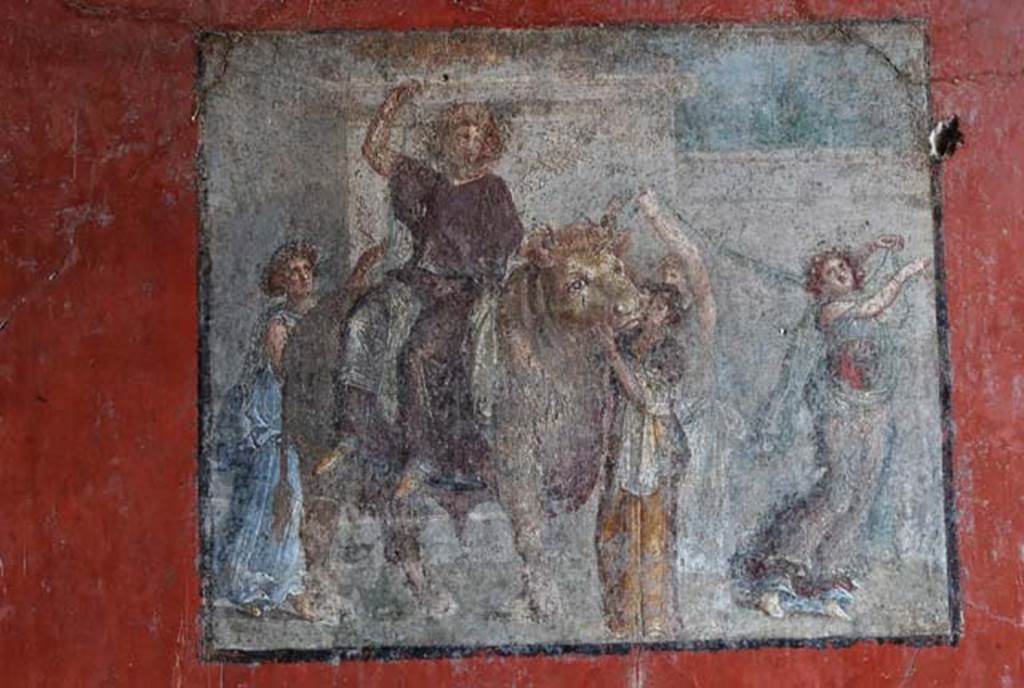 I.8.9 Pompeii. March 2008. Room 7, triclinium. Central panel on east wall.  Wall painting of Europa and the Bull. Photo courtesy of Nicolas Monteix.
