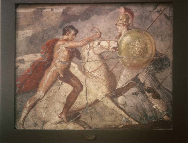 I.8.9, Pompeii. August 1965. 
Painting showing Bellerophon and Pegasus, from west wall of triclinium.
Photographed in the Pompeii Antiquarium, SAP inventory number 20878.
Photo courtesy of Rick Bauer.
