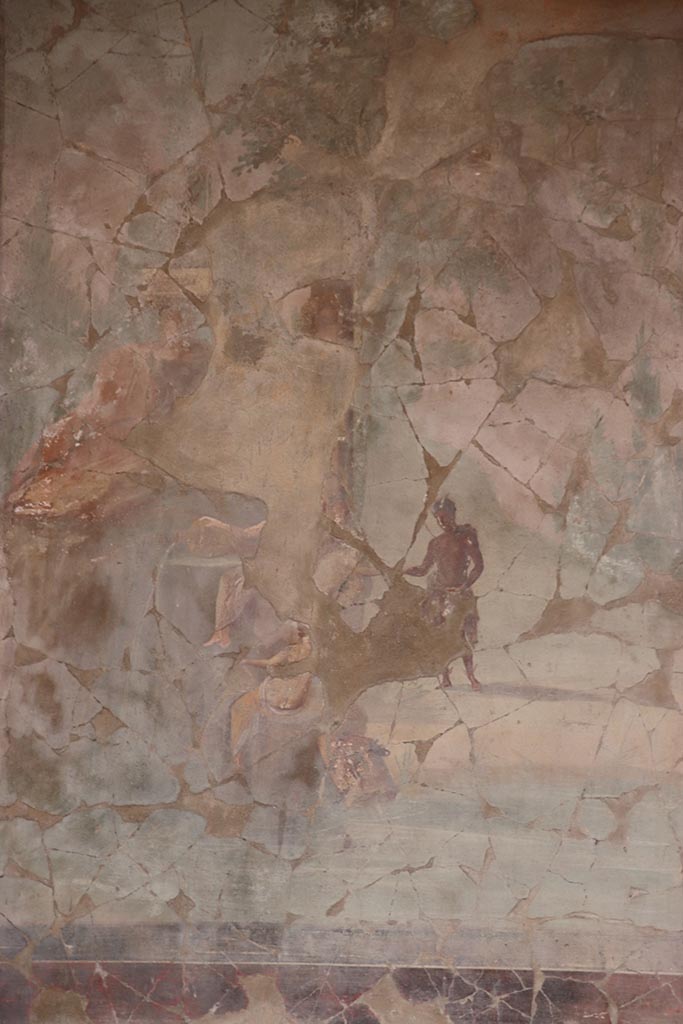 I.8.17 Pompeii. October 2024.
Room 18, west wall. Detail from painting of Pan and the nymphs. Photo courtesy of Klaus Heese.

