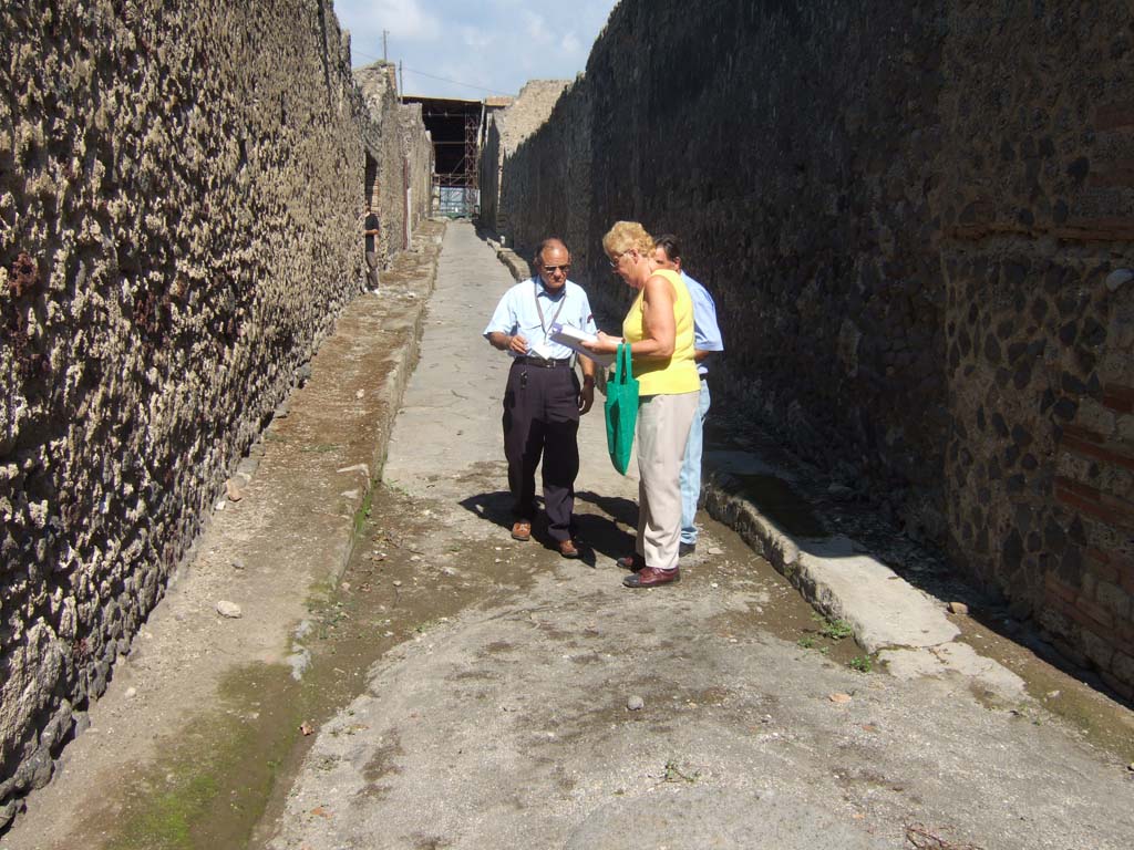 I.8 Pompeii, on left. September 2005.                  Roadway looking north.                          Side wall of I.9.14, on right.