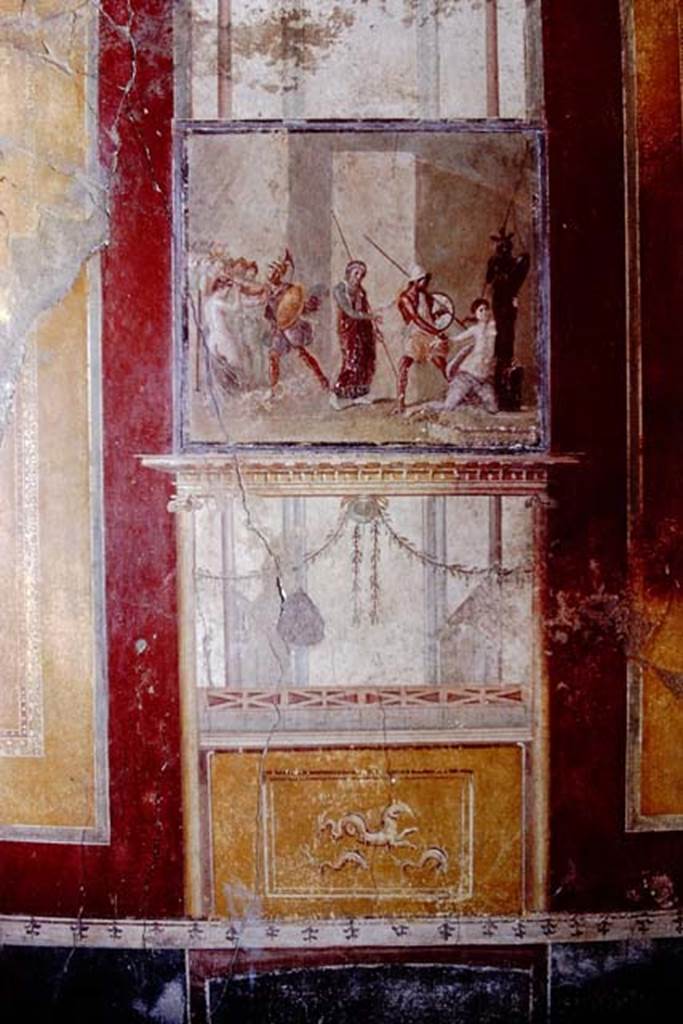 I.10.4 Pompeii. April 2022. 
Room 4, detail from panel on north wall with mythological scene. Photo courtesy of Johannes Eber.
