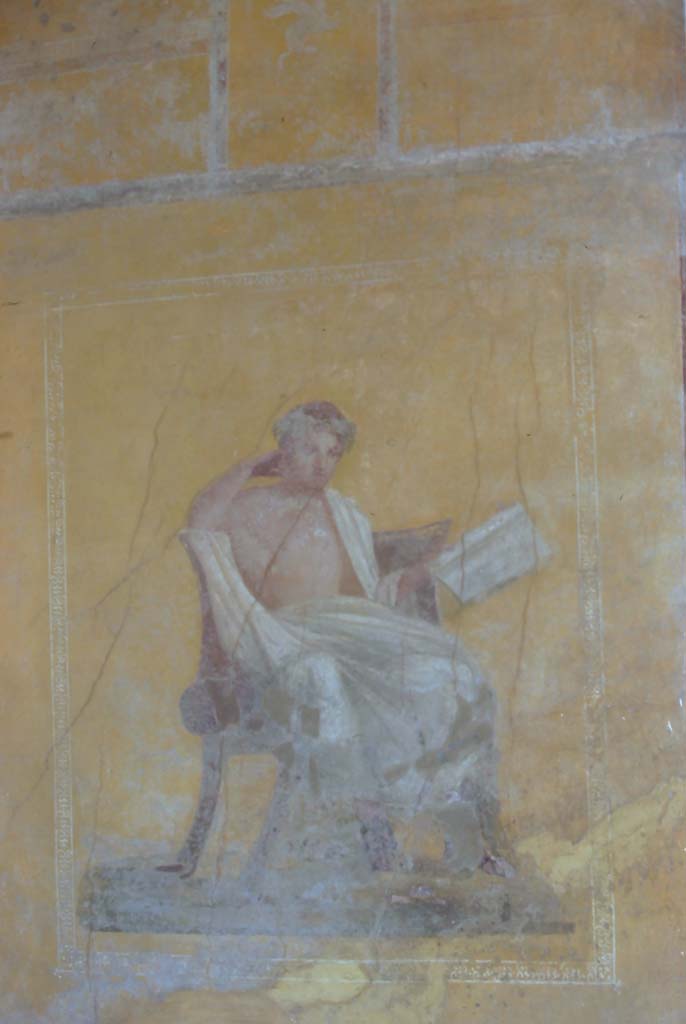 I.10.4 Pompeii, 7th August 1976. Alcove 23, west wall with wall painting of poet.
Photo courtesy of Rick Bauer, from Dr George Fay’s slides collection.
