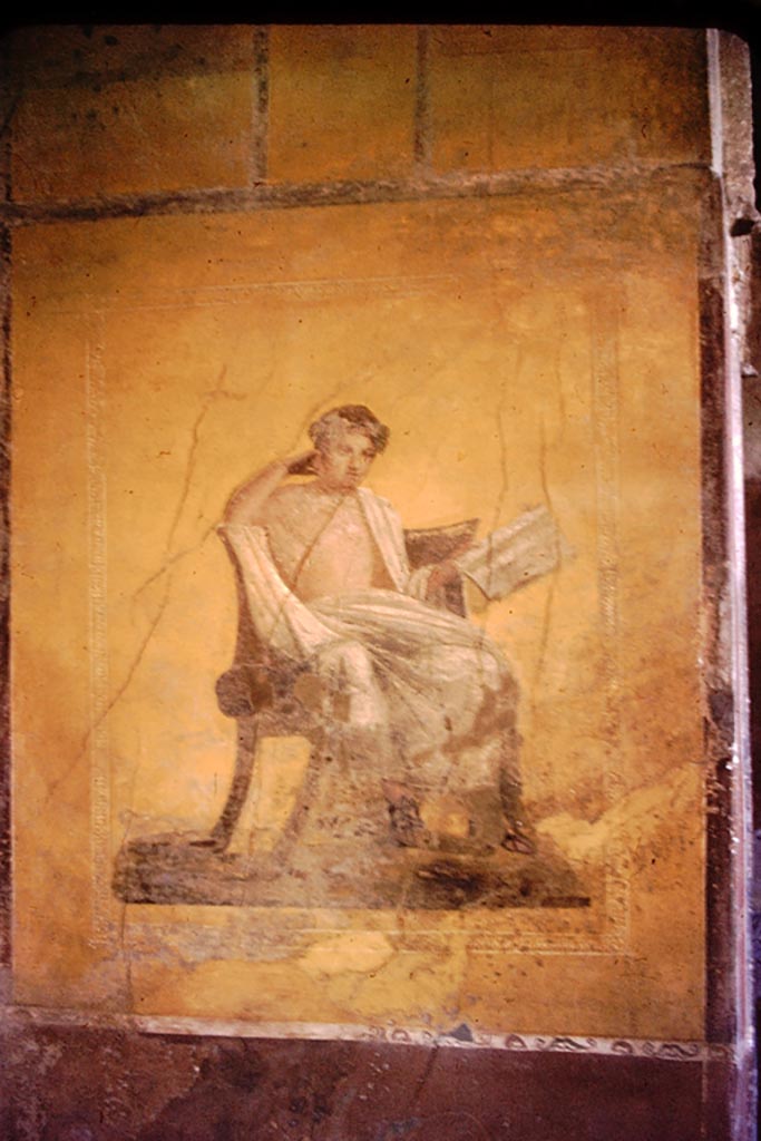 1.10.4 Pompeii. 1955. Fresco of Menander. Photo by Stanley A. Jashemski.
Source: The Wilhelmina and Stanley A. Jashemski archive in the University of Maryland Library, Special Collections (See collection page) and made available under the Creative Commons Attribution-Non-Commercial License v.4. See Licence and use details.
J55f0478 
