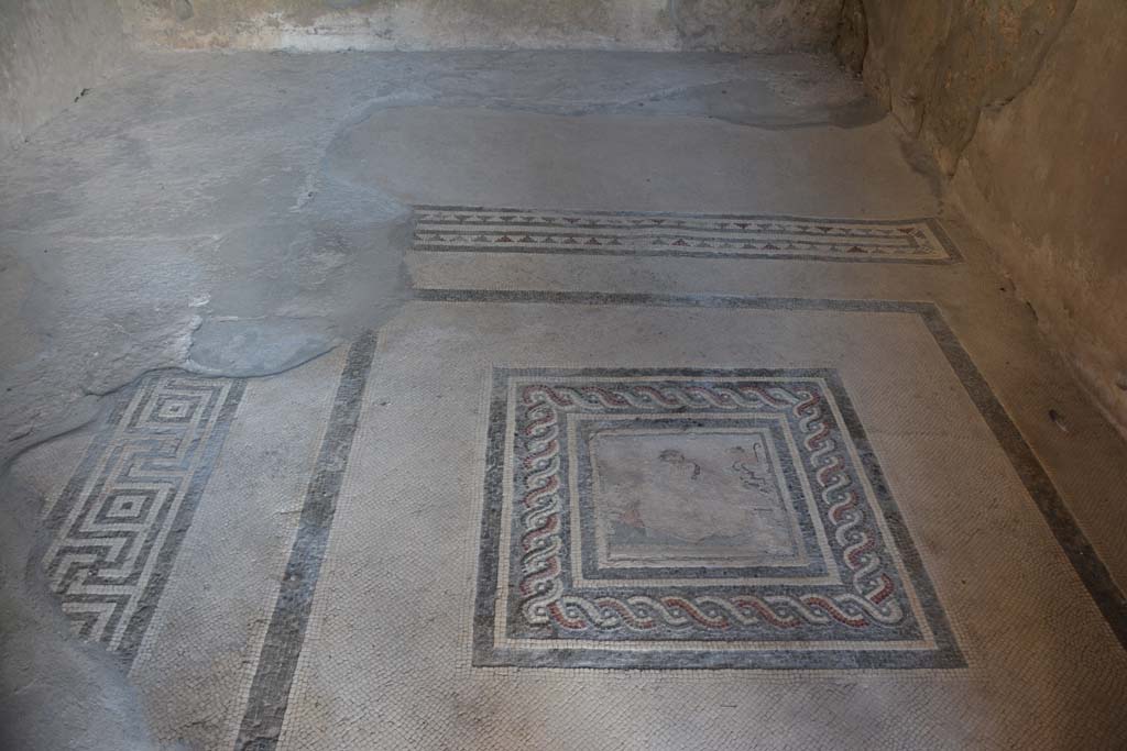 I.10.4 Pompeii. September 2019. Room 21, floor mosaic for two-side beds or couches, with emblema in centre.
Foto Annette Haug, ERC Grant 681269 DÉCOR.

