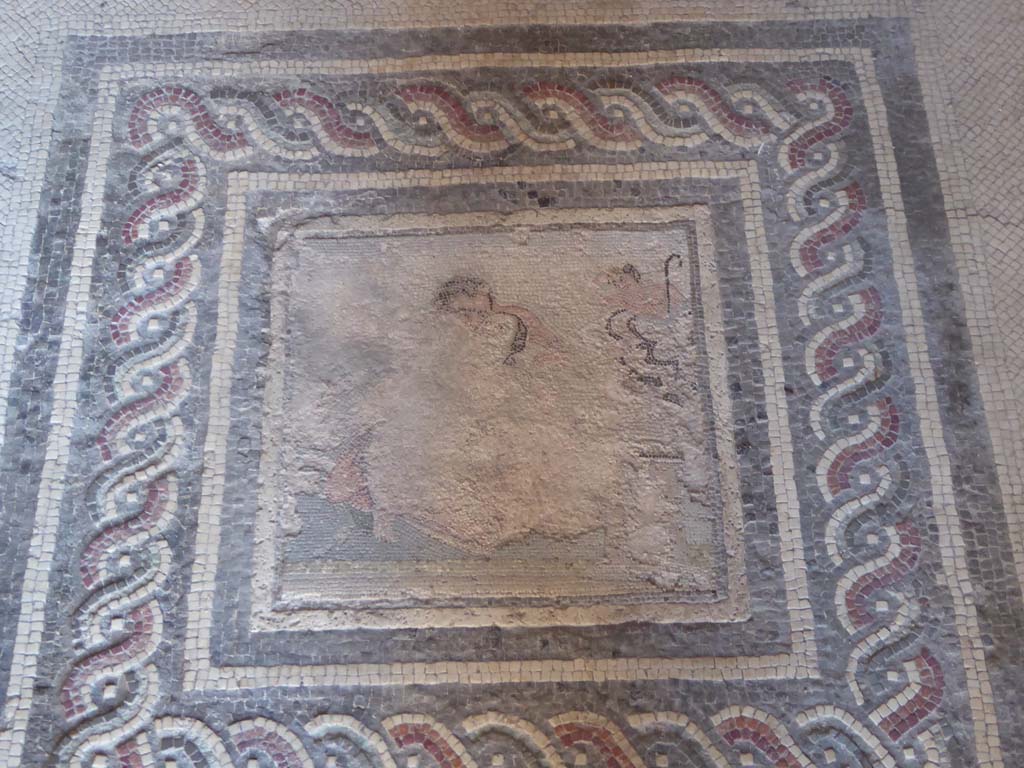 I.10.4 Pompeii. April 2019. Room 21, mosaic emblema of satyr and maenad, in centre of mosaic floor.
Photo courtesy of Rick Bauer.
