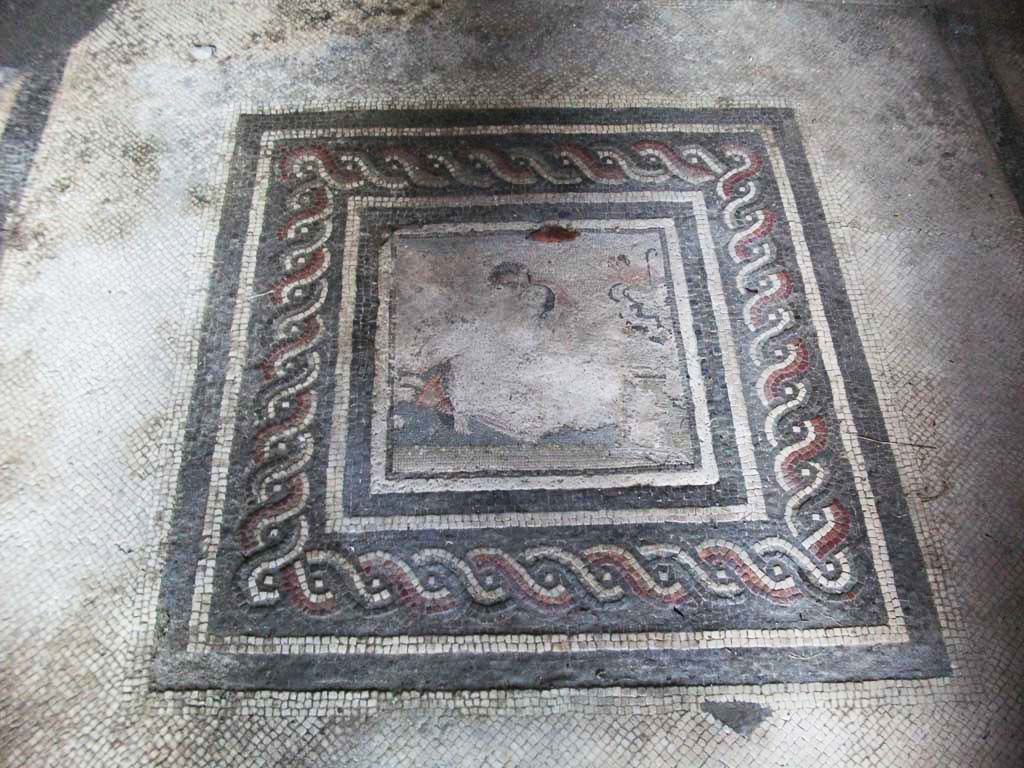 I.10.4 Pompeii. September 2019. Room 21, mosaic emblema of satyr and maenad, in centre of mosaic floor.
Foto Annette Haug, ERC Grant 681269 DCOR.

