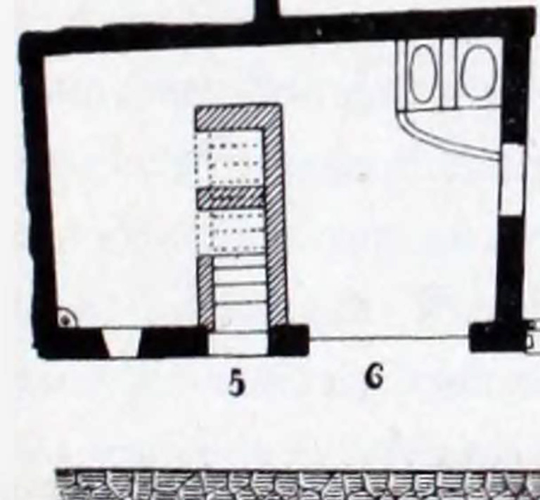 I.10.6 Pompeii. Plan with stairs at I.10.5 from Notizie degli Scavi, 1934, p.277.
For details of finds from this house, (including I.10.5)
See Allison, P.M. (2006). The Insula of the Menander at Pompeii: Vol. III The finds, Clarendon Press, Oxford, ((p.154-157 & p.335-6)
See Online Companion with details and photographs of finds from I.10.6.
