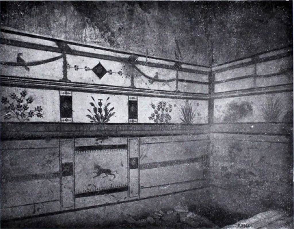 I.10.8 Pompeii. 1934. Room 8, east wall of tablinum with paintings of birds, plants, gorgon masks and panther.
See Notizie degli Scavi di Antichità, 1934, p. 313, fig. 26.
