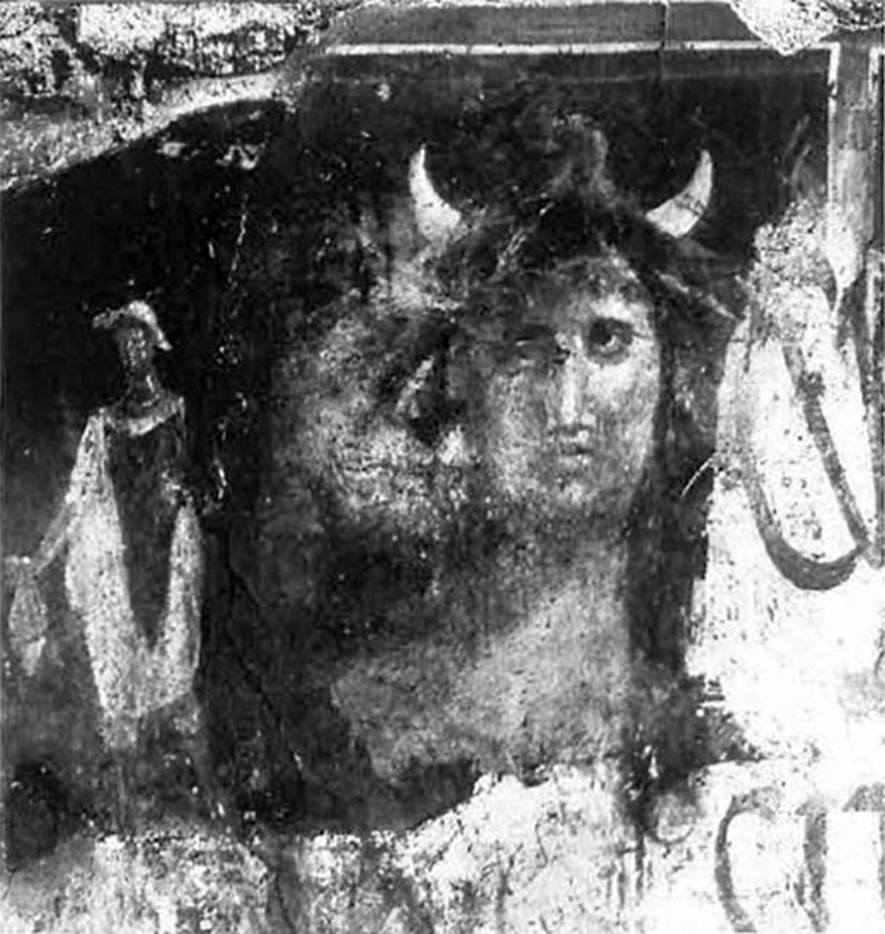 I.12.5 Pompeii. C.1915. High up near the architrave, on the west side (right) of the doorway of I.12.5, a large painted head was found.
This showed the personification of Alessandria, or of Egypt, looking straight ahead.
Her head was covered with the usual tusks of an elephant.
On the left side of the large painted head, where the stucco is now missing, was a painted Mercury,
Mercury (0.56m high) was standing with his caduceus leaning on his left shoulder.
His purse was in his right hand.
See Fröhlich, T., 1991. Lararien und Fassadenbilder in den Vesuvstädten. Mainz: von Zabern, F11, Taf. 54,4.
