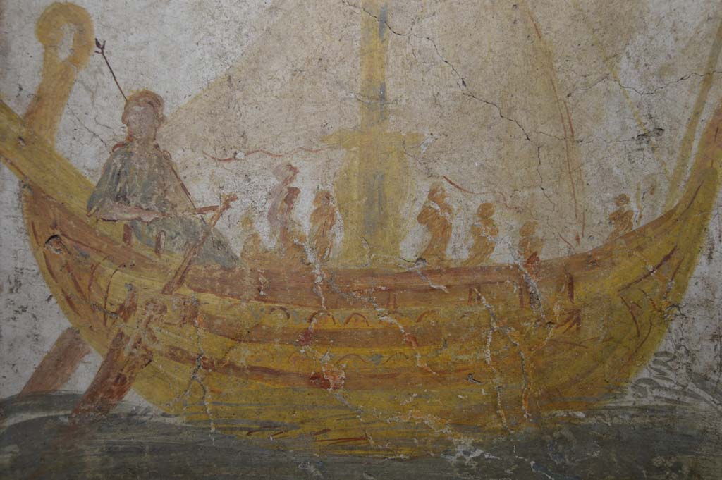 I.13.9 Pompeii. March 2019. 
Detail from wall painting from exterior wall on south side of the entrance, showing Venus on a boat.    
Foto Taylor Lauritsen, ERC Grant 681269 DÉCOR.
