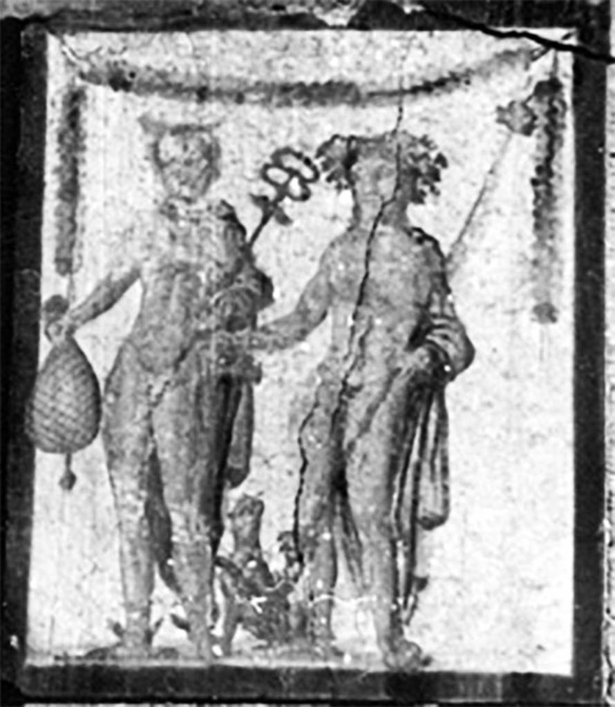 II.1.12 Pompeii. Detail from old undated photograph. 
Painting of Bacchus and Mercury from pilaster on south side of entrance faade.
Kuivalainen describes 
A composition of two standing figures on a white background, both turning a little to their right.
On the left stands a youth holding a purse (Frohlich: a patera with liquid running out) in his right hand with a down-stretched arm and, and a caduceus in his left. On the right side, and further towards the front, stands a youth whose posture is almost the same; he wears a red cloak hanging over his left arm, which also supports a thyrsus; in his right hand he has a cantharus, from which he pours wine; on his head is a leafy wreath. The figures are framed with a garland.
Kuivalainen comments 
A half-naked young Bacchus and Mercury are often represented together, the purse being, in addition to the caduceus, a characteristic attribute of Mercury. The cult of Sabazius may have been of importance to many gladiators from Thrace, and of a private nature, associated with Bacchus in the same way as Egyptian Thot was with Mercury.
See Kuivalainen, I., 2021. The Portrayal of Pompeian Bacchus. Commentationes Humanarum Litterarum 140. Helsinki: Finnish Society of Sciences and Letters, (F20, p.174).
