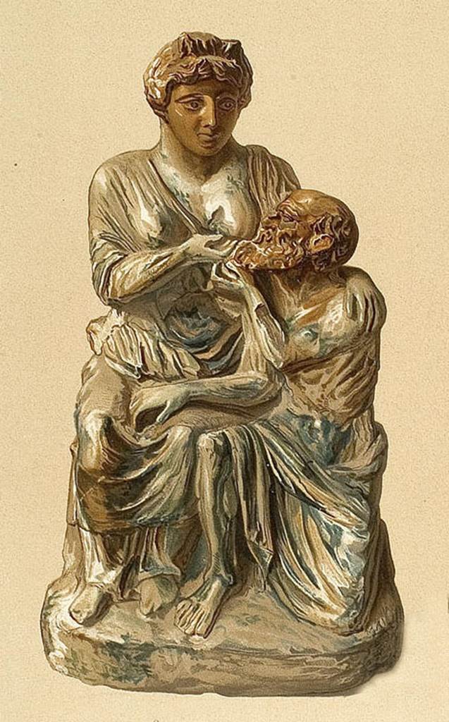 II.4.6 Pompeii. Found in several fragments in the garden. Terracotta statuette labelled Gruppi figurati con Perona e Micone. Now in Naples Archaeological Museum. This seems to match the illustration by Rohden of The Carita Romana or Roman Charity.
