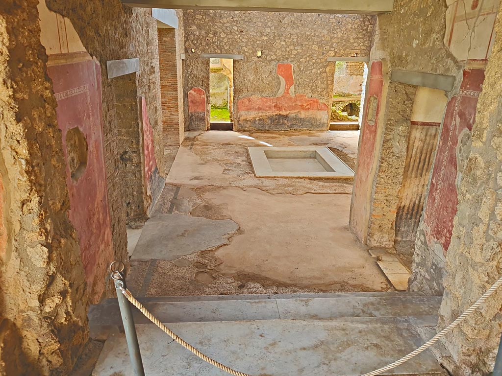 II.4.6/10 Pompeii. April 2019. 
Looking south into atrium of II.4.10, from top of steps at south end of portico of II.4.6. 
To view these rooms, see II.4.10. Photo courtesy of Rick Bauer.  
