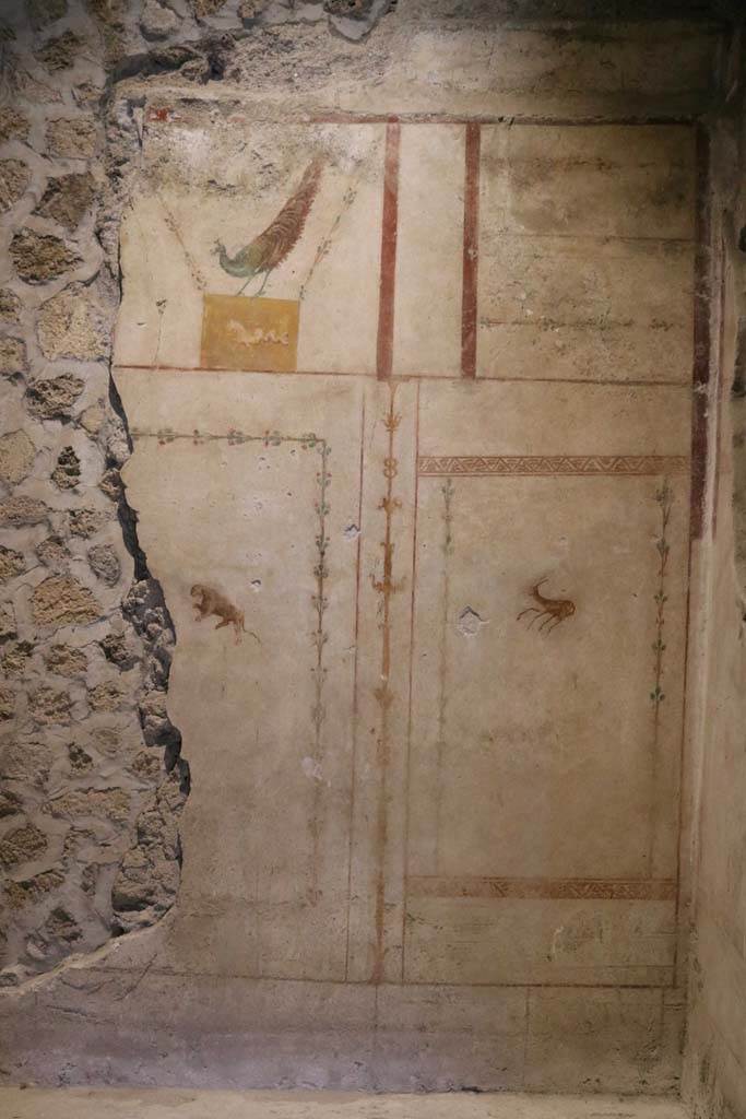 II.9.4 Pompeii. December 2018. 
Room 4, east wall, centre and south end with painted decoration. Photo courtesy of Aude Durand.
